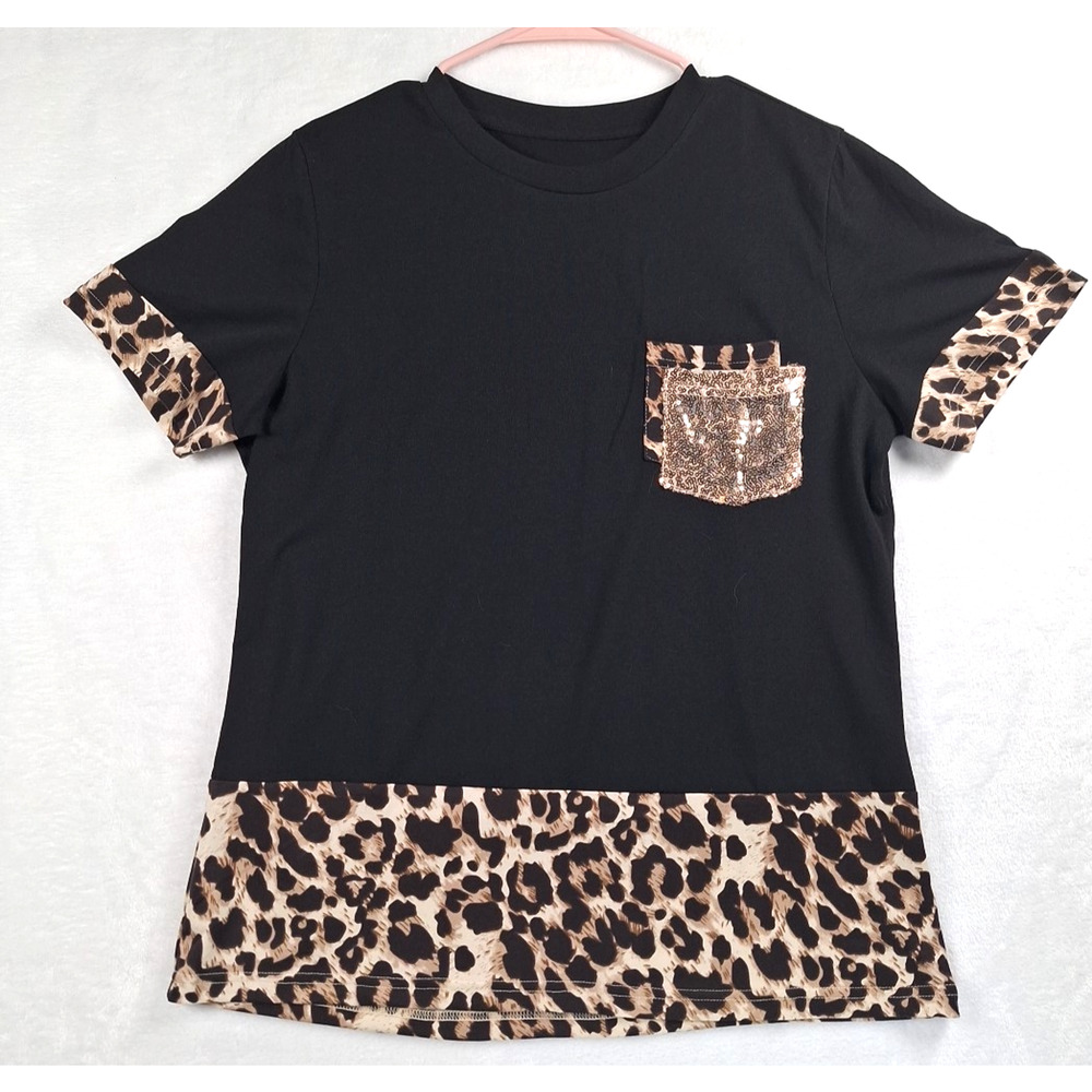 Shein Cheetah animal print women's Black 1/4 sleeve top shirt size medium
